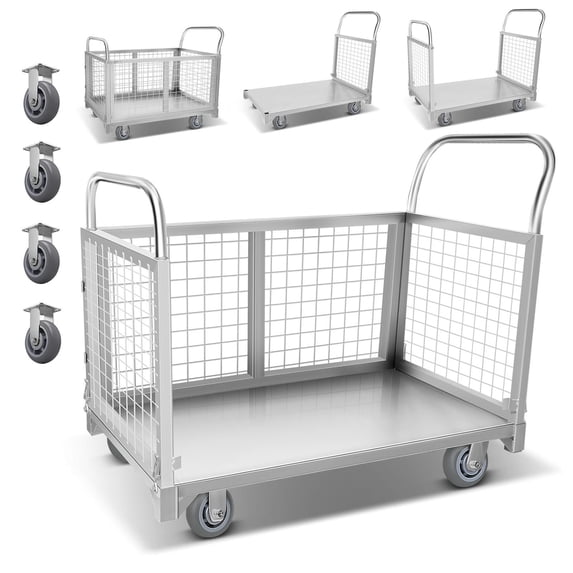KNPOT Platform Truck Cart with Cage, 2200lbs Capacity 2200lbs Capacity Basket Cart, 4 side rails Multi-Functional Push Dolly for Grocery Laundry Stall Storage Silver