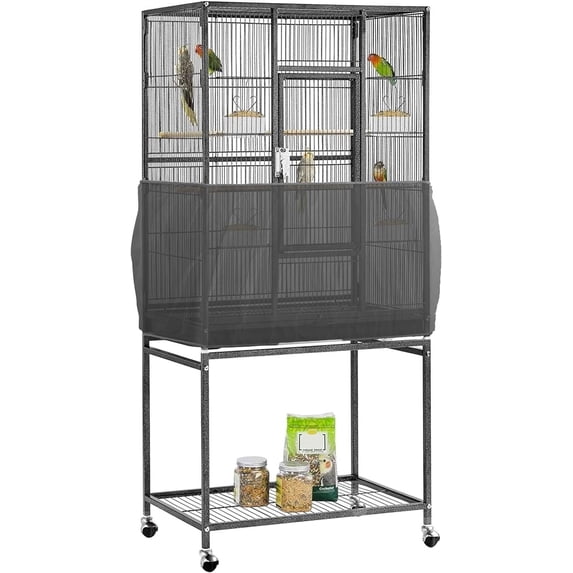 KNUTI Universal Bird Cage Seed Catcher Universal Mesh Skirt Cover Stretchy Small Animal Cages Cover Pet Removable Durable Protector - Black - XL