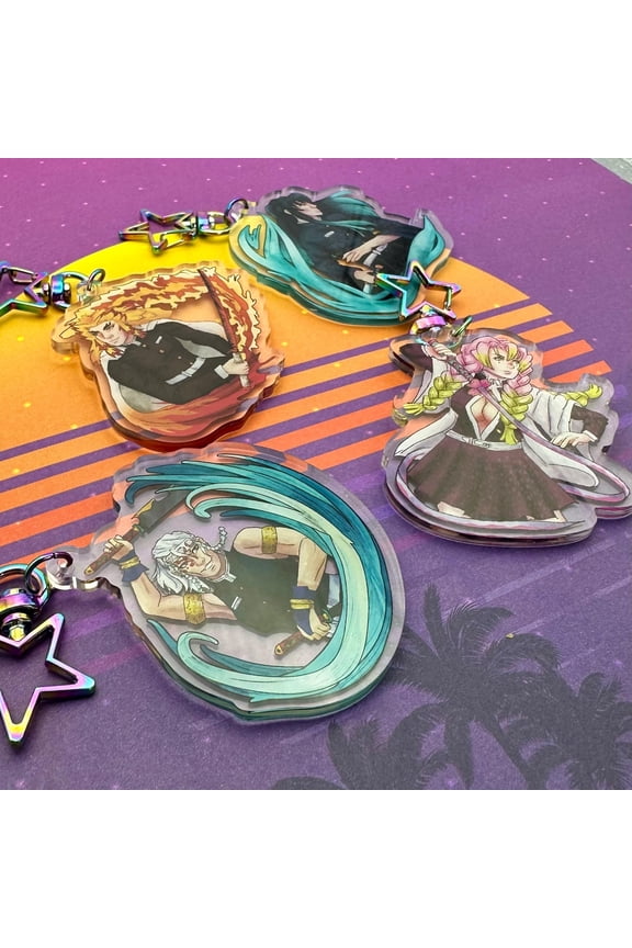 KNY/ Demon Slayer keychains, 2.5" acrylic Keychain. Mitsuri, Uzui Tengen, Rengoku, Muichiro (1 keychain)