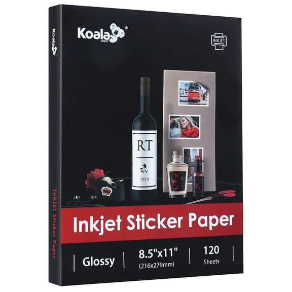 KOALA Glossy Sticker Paper for Inkjet Printers, 120 Sheets, Self-Adhesive Glossy Photo Paper 8.5 x 11, Glossy White Lable Paper