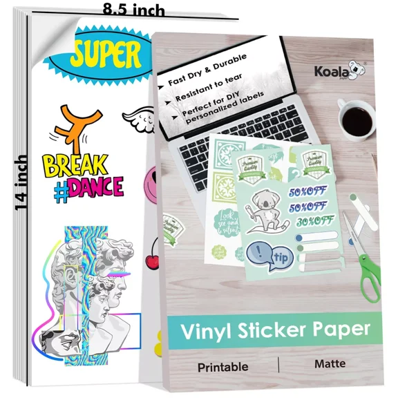 KOALA Printable Vinyl Sticker Paper 8.5x14, Waterproof, Matte White for Inkjet and Laser Printers, 20 Sheets