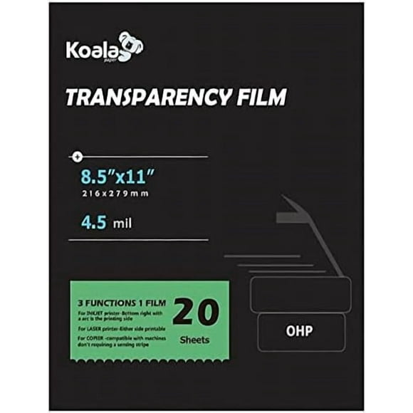 KOALA Transparency Film for Inkjet/Laser Jet Printers - 8.5 x 11 Inch 20 Sheets Printable Transparency Paper for OHP Film Overhead Projector Film or Craft Projects