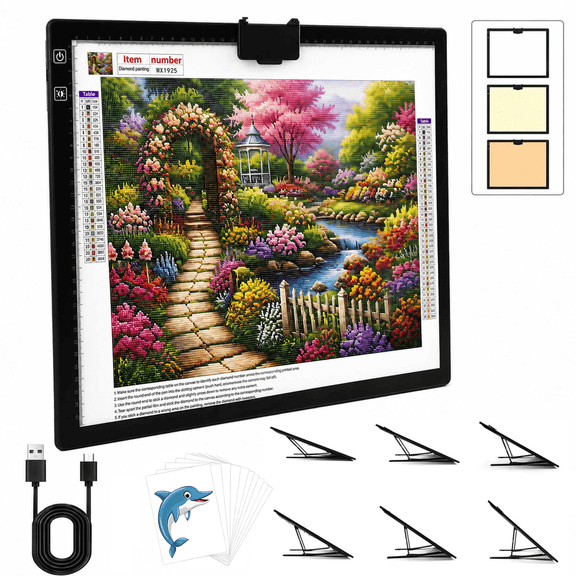 KOBAIBAN A3 Light Pad – 2500mAh Battery, 3 Colors, 6‑Level + Stepless Dimming, Stand & Clip, Tracing Light Board for Diamond Painting, Tracing and Drawing