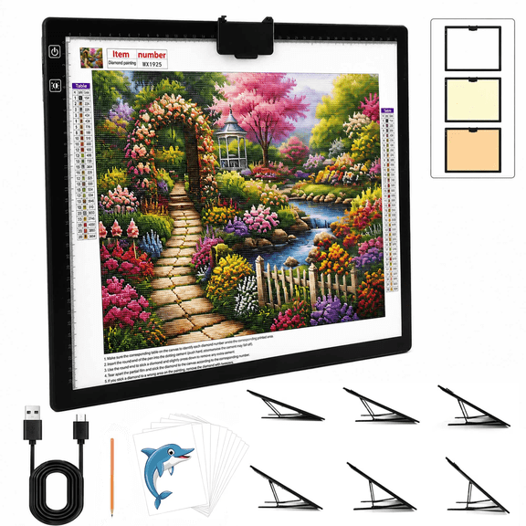 KOBAIBAN A3 Light Pad – 2500mAh Battery, 3 Colors, 6‑Level + Stepless Dimming, Stand & Clip, Tracing Light Board for Diamond Painting, Tracing and Drawing