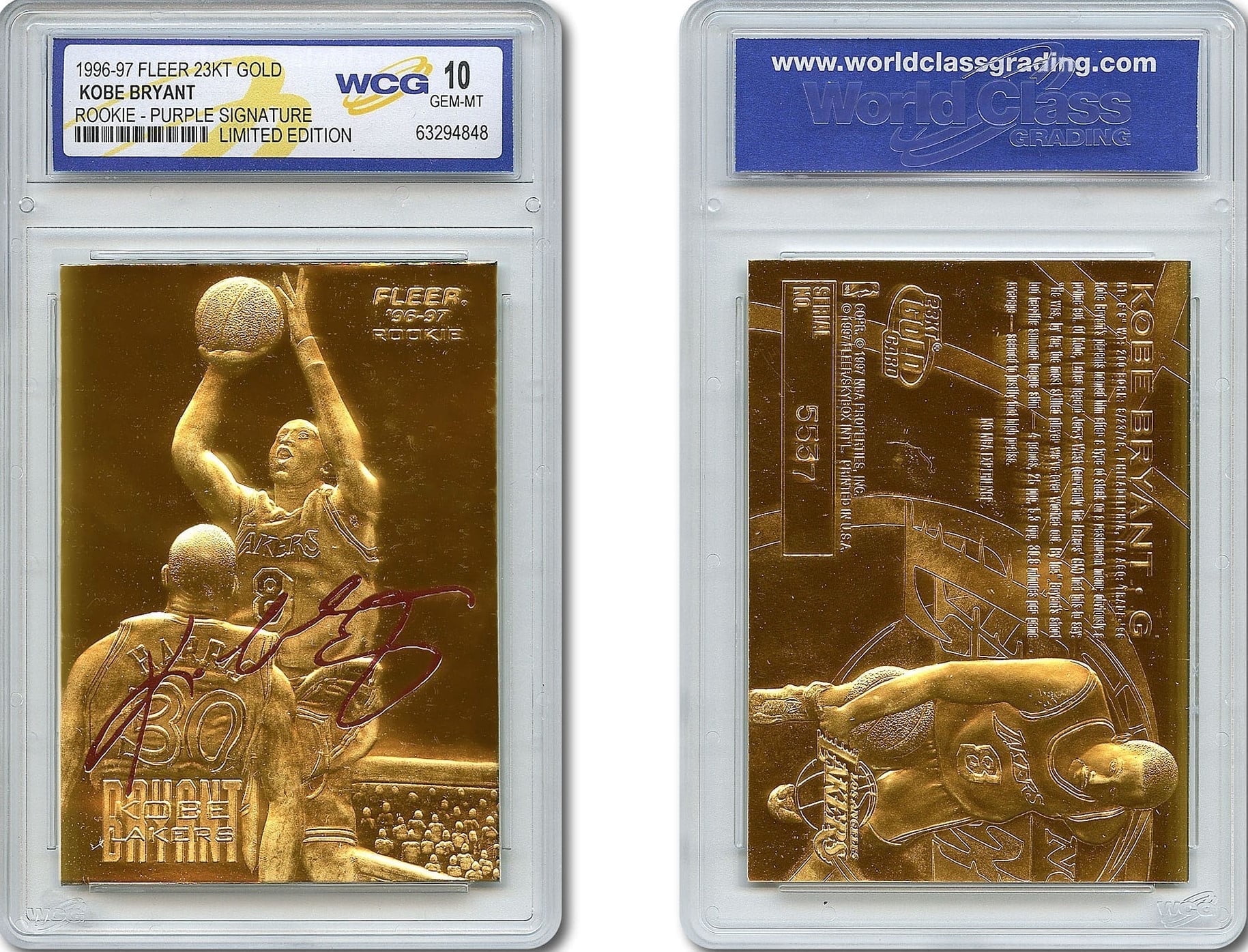 Fleer Kobe Bryant 1996-97 Rookie Gold Basketball Card, 23KT, Gem 