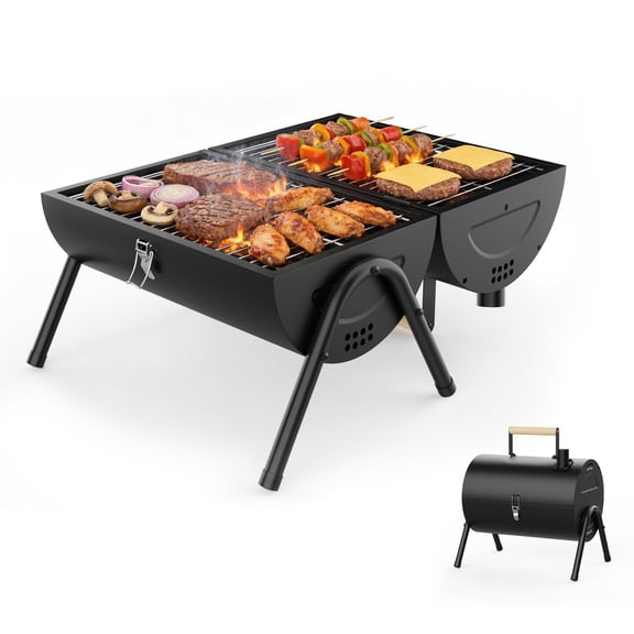 KOBENDA Portable Charcoal Grill, Double-Sided Small Tabletop Barbecue Grill for Outdoor Camping,Black