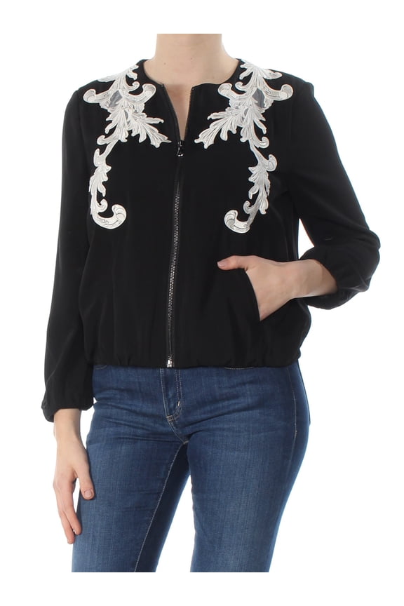 $598 Womens New 1344 Black Embroidered Bomber Jacket M B+B