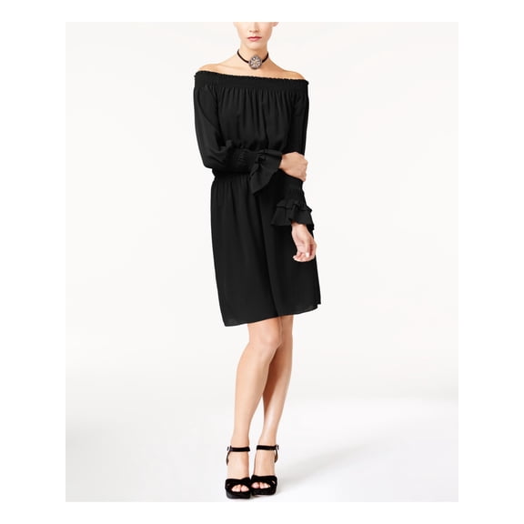 KOBI Womens Black Long Sleeve Off Shoulder Above The Knee A-Line Dress L