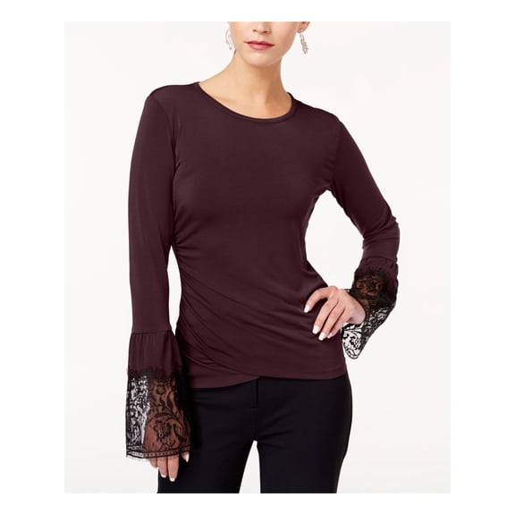 KOBI Womens Burgundy Pleated Lace Cuff Bell Sleeve Jewel Neck Tunic Top XS
