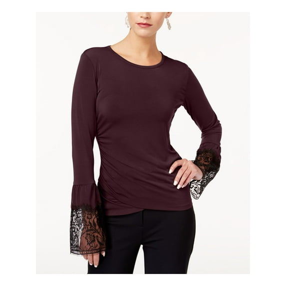 KOBI Womens Burgundy Pleated Lace Cuff Bell Sleeve Jewel Neck Tunic Top XS