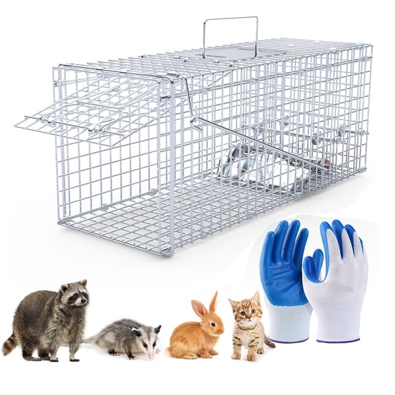 KOCASO 25.59" Live Animal Cage Trap,Collapsible Galvanized Wire with Pedal Triggers,Indoors/Outdoors Humane Cat Trap for Stray Cats,Squirrel,Raccoons,Mouse,Groundhogs, Foxes,Armadillos