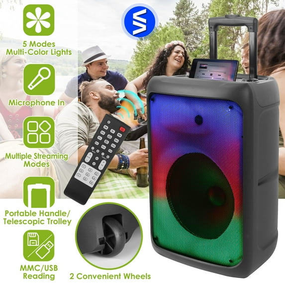 KOCASO Portable Wireless Party Speaker 5 Colorful Lighting Modes Stage Speaker TWS FM USB MMC Slot Aux in Recording Mic Priority Trolley Handle 2 Wheels Remote Control, 13.39x11.42x21.06in