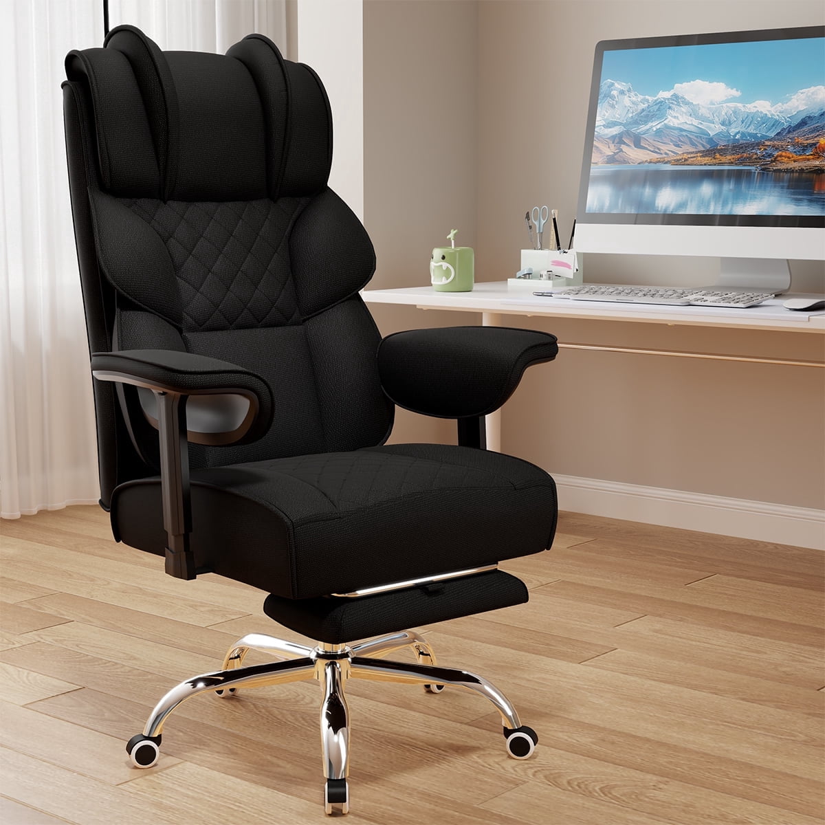 KOCEN Big and Tall Office Chair, Desk Chair with Soft Adjustable Armrests, Ergonomic High Back Gaming Chair with Lumbar Support, Executive Computer Chairs with Footrest(Linen Fabric, Classic Black)