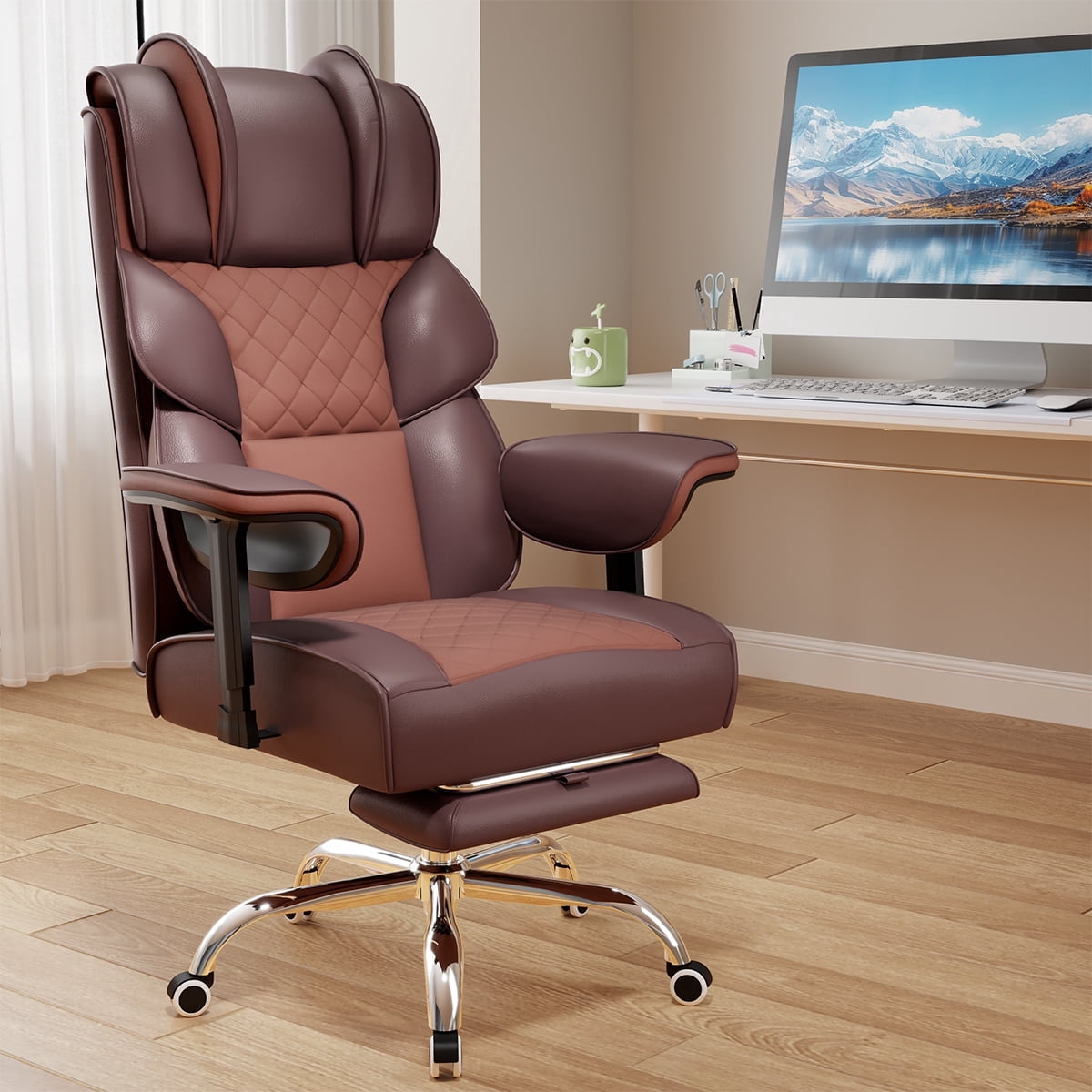 KOCEN Big and Tall Office Chair, Desk Chair with Soft Adjustable Armrests, Ergonomic High Back Gaming Chair with Lumbar Support, Executive Computer Chairs with Footrest(PU Leather, Brown)