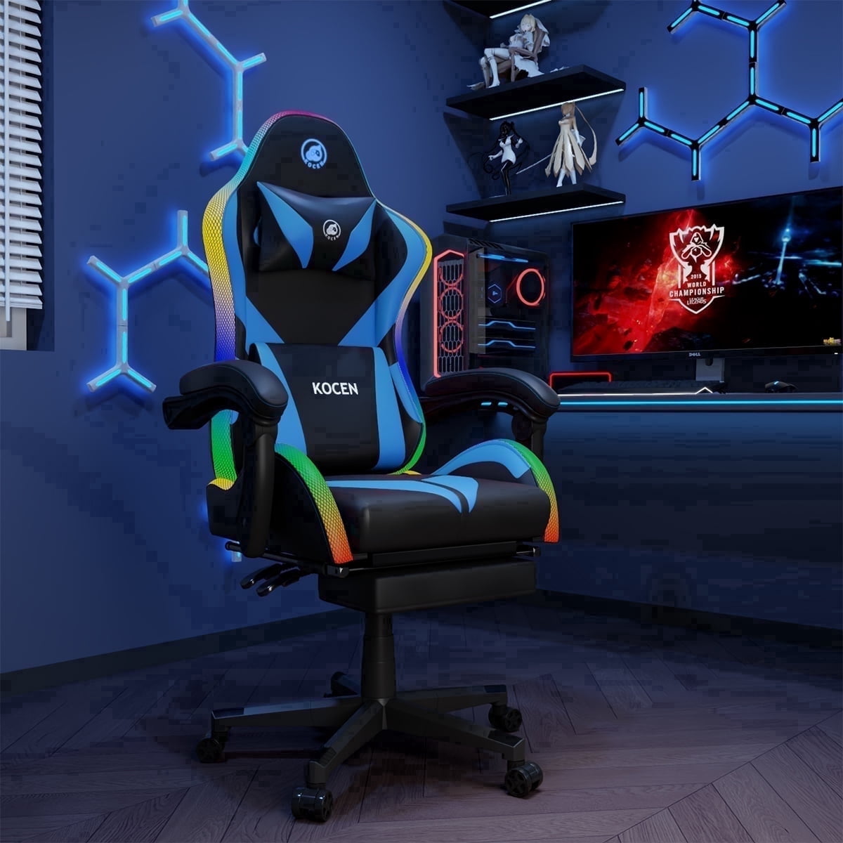 KOCEN Tall and large adult Gaming Chair , Racing Style RGB LED Light Adult Gaming Chairs, Equipped With Lumbar Massager, High Back Adjustable Recliner, With Footrest AndHeadrest.