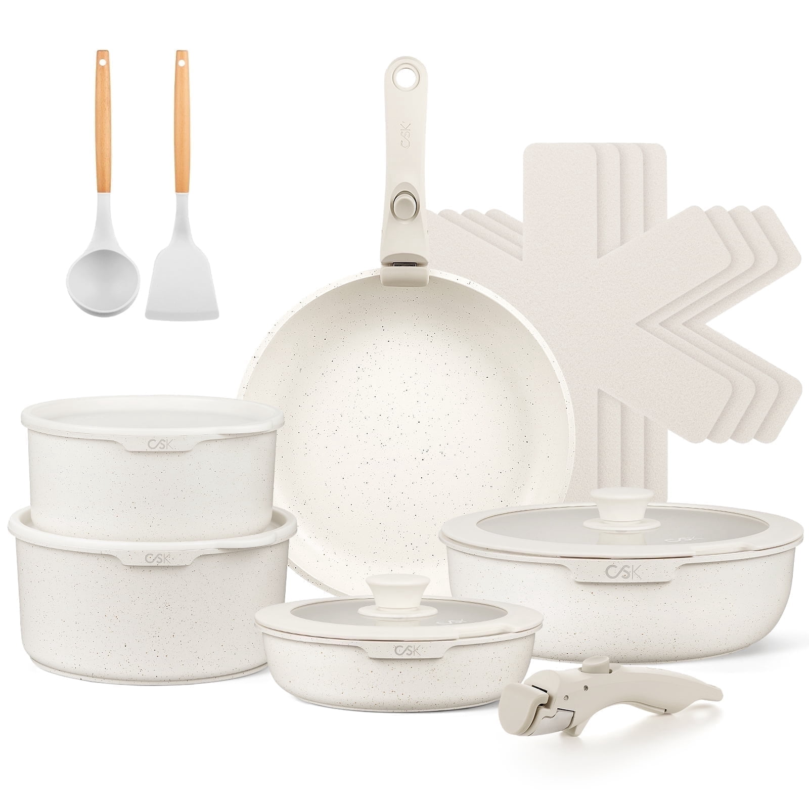 Koch Systeme CS 17 Piece Nonstick Pots and Pans Set with Removable Handle, Induction Kitchen Cookware Sets, Dishwasher & Oven Safe, White