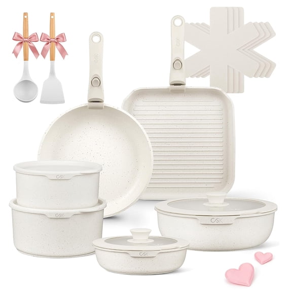 Unbranded 17 Piece Nonstick Pots and Pans Set with Removable Handle, Induction Kitchen Cookware Sets, Dishwasher & Oven Safe, White