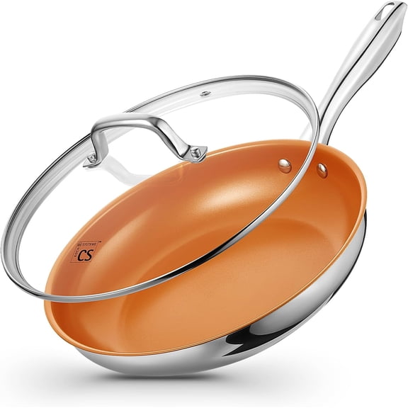 Koch Systeme CS Stainless Steel Pan with Lid, 10 Inch Stainless Steel Frying Pan with Nonstick Copper Ceramic Coating, 10 Inch Nonstick Stainless Steel Skillet with Lid, Induction Compatible