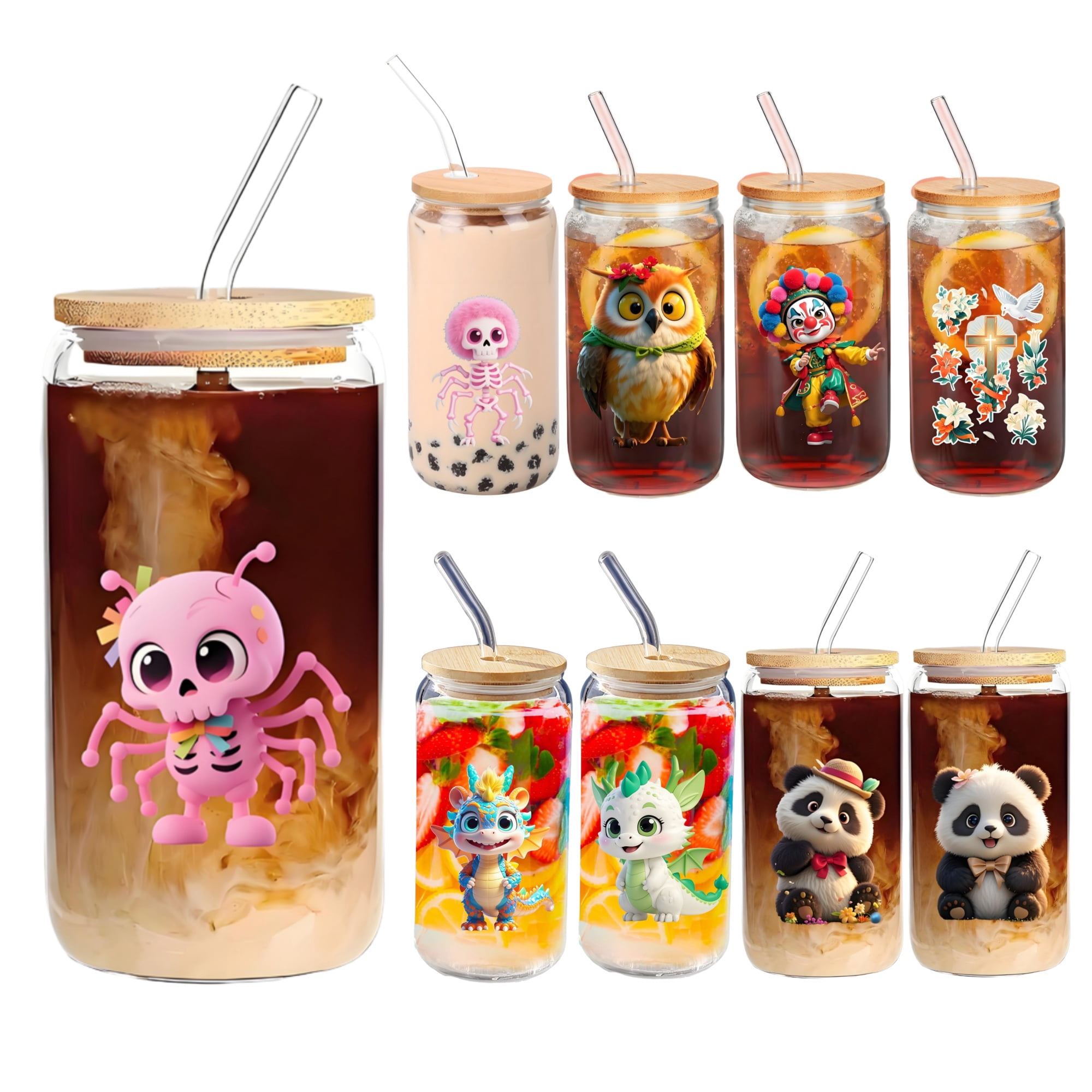 16oz Glass Cup with Bamboo Lid and Glass Straw with Cute Design ...