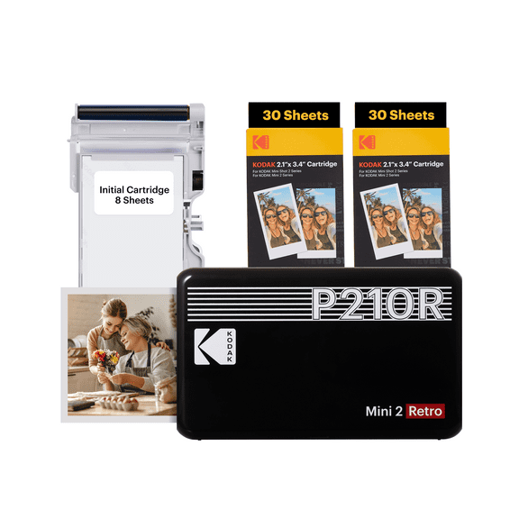 KODAK Mini 2 Retro 4PASS Portable Photo Printer (2.1x3.4 inches) + 68 Sheets Bundle, Black