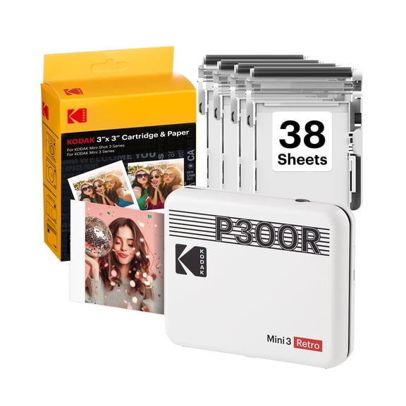 KODAK Mini 3 Retro 4PASS Portable Photo Printer (3x3 inches) + 38 Sheets Bundle, White