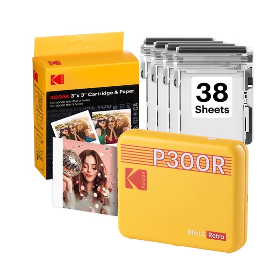 KODAK Mini 3 Retro 4PASS Portable Photo Printer (3x3 inches) + 38 Sheets Bundle, Yellow