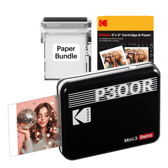 KODAK Mini 3 Retro Instant Portable Photo Printer (3x3 inches) + 38 Sheets Bundle, Black