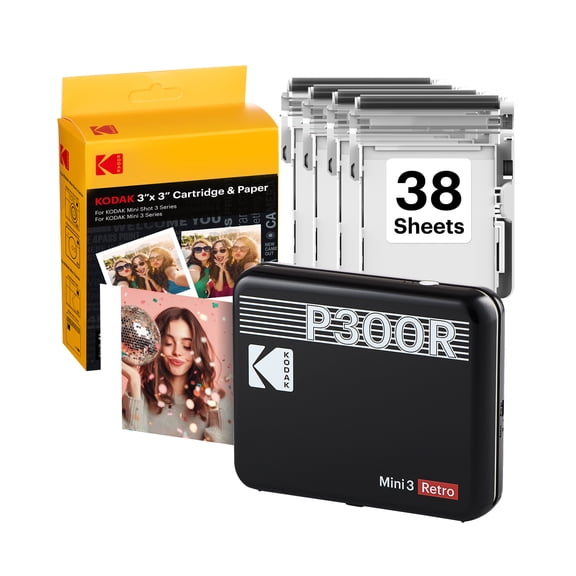 KODAK Mini 3 Retro Instant Portable Photo Printer (3x3 inches) 38 Sheets Bundle, Black