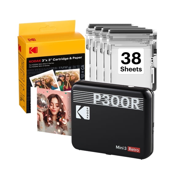 KODAK Mini 3 Retro Instant Portable Photo Printer (3x3 inches) + 38 Sheets Bundle, Black