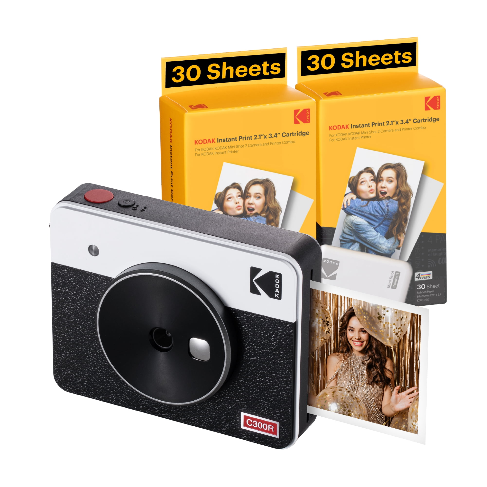 KODAK Mini Shot 3 Retro 4PASS 2-in-1 Instant Camera and Photo Printer (3x3  inches) + 68 Sheets Bundle, White 