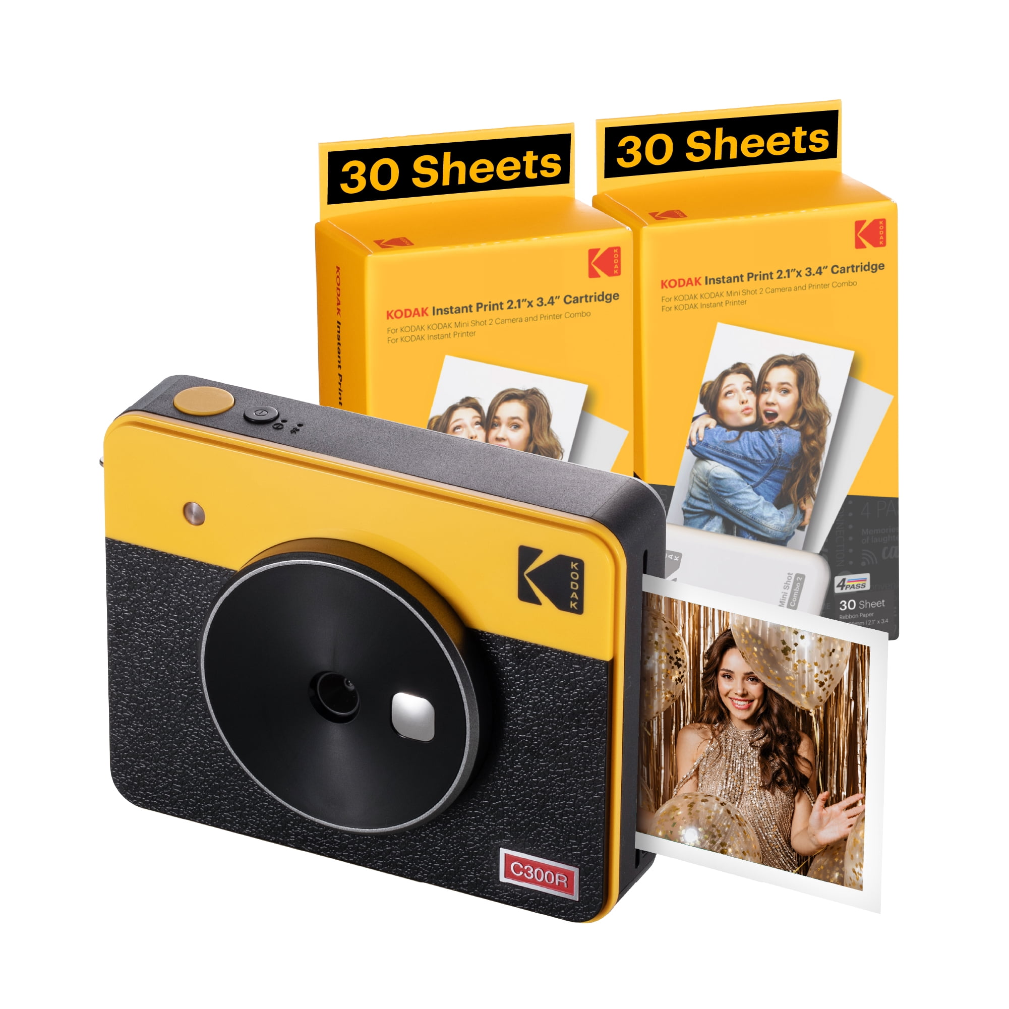 KODAK Mini Shot 3 Retro 4PASS 2-in-1 Instant Camera and Photo Printer (3x3  inches) + 68 Sheets Bundle, Yellow