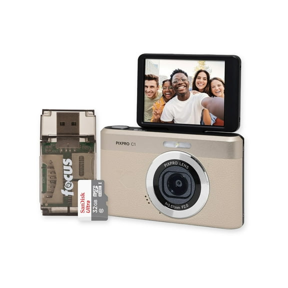 KODAK PIXPRO C1 13MP, 1080p Digital Camera (Tan) Bundle with 32GB MicroSD Card and Card Reader (3-Items)