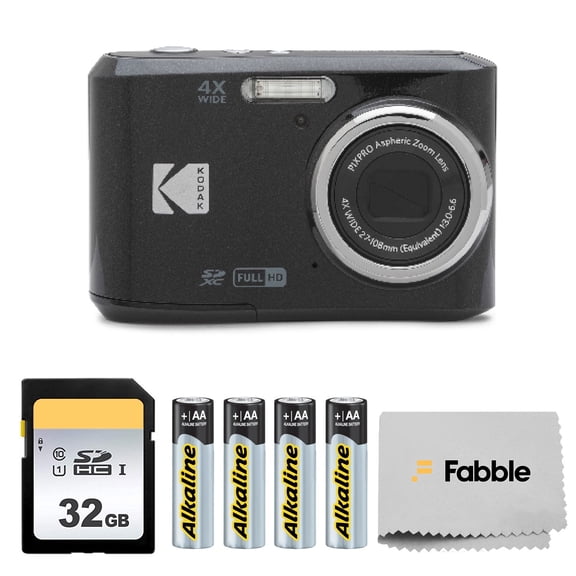 KODAK PIXPRO FZ45 16MP Digital Camera (Black) with 4X Optical Zoom 27mm Wide Angle and 2.7" LCD Screen Bundle with 32GB SD Memory Card, AA Batteries (4 Pack), Lens Cleaning Cloth