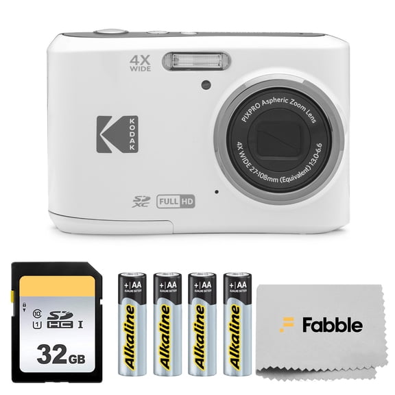 KODAK PIXPRO FZ45 16MP Digital Camera (White ) with 4X Optical Zoom 27mm Wide Angle and 2.7" LCD Screen Bundle with 32GB SD Memory Card, AA Batteries (4 Pack), Lens Cleaning Cloth