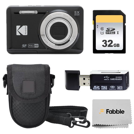 KODAK PIXPRO FZ55 (Black) 16MP Digital Point & Shoot Camera, 5X Optical Zoom, 28mm Wide Angle, 1080P Full HD Video, Bundle with 32GB SD Card, Protective Case, and Hi-Speed Card Reader