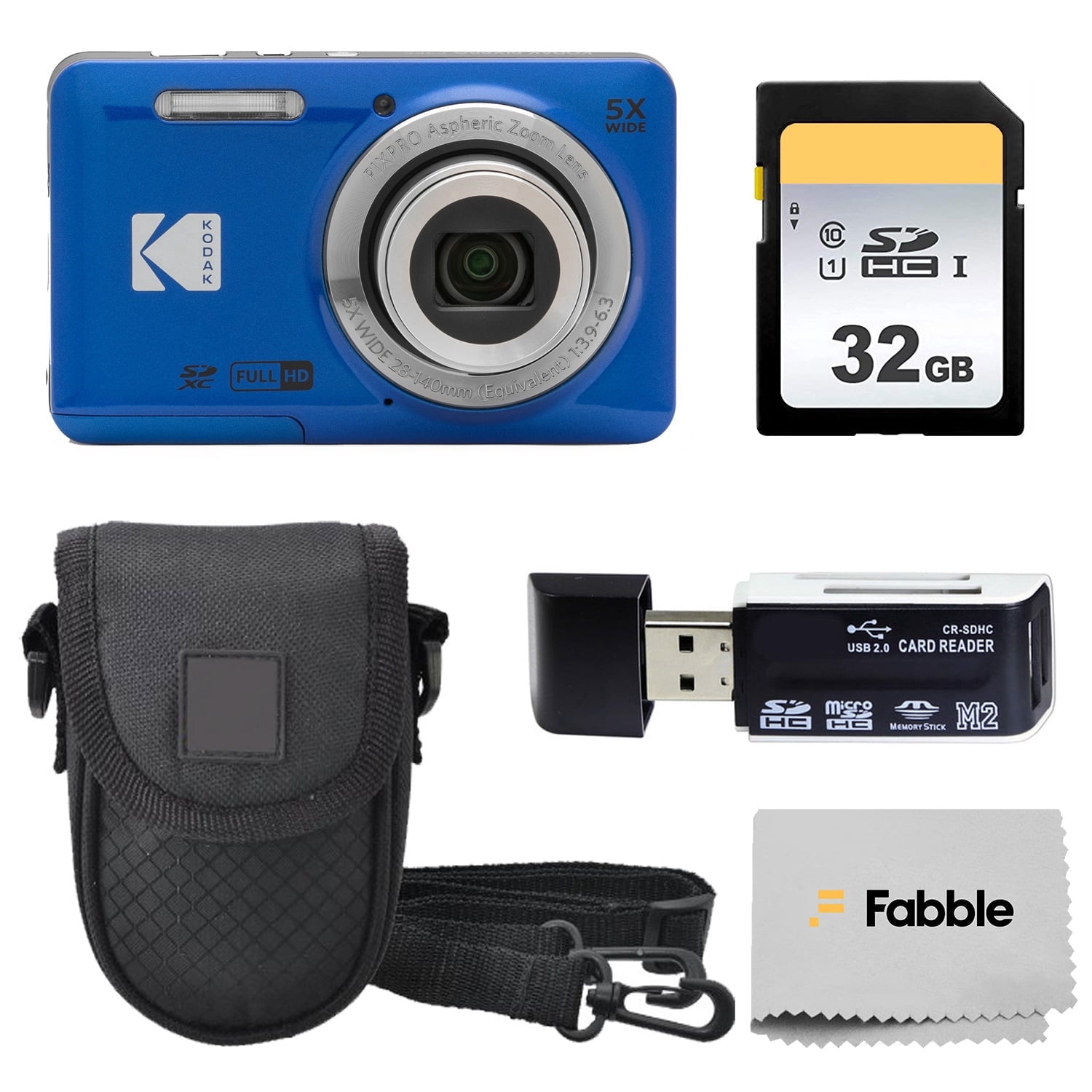 KODAK PIXPRO FZ55 16MP Digital Point & Shoot Camera, 5X Optical Zoom, 28mm Wide Angle, 1080P Full HD Video, Bundle with 32GB SD Card, Protective Case, and Hi-Speed Card Reader (Blue)