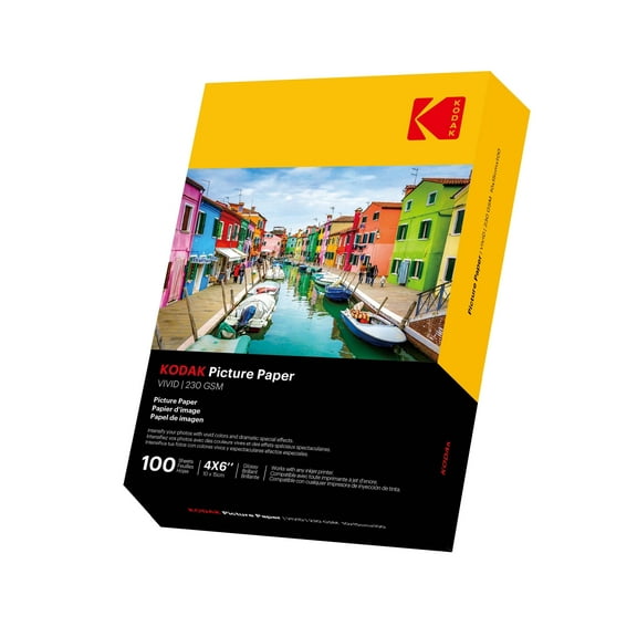 KODAK Photo Paper Gloss 4"x6", 100 count, 66lb-230g/m2 weight, 11.9 mil thickness, Vivid color picture paper. Not compatible with the Dock printers
