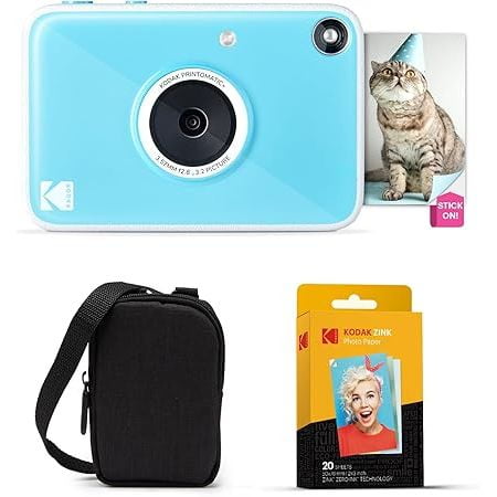 KODAK Printomatic+ Instant Camera Bundle (Blue) 10MP w/ Black Case & 20 Zink Paper