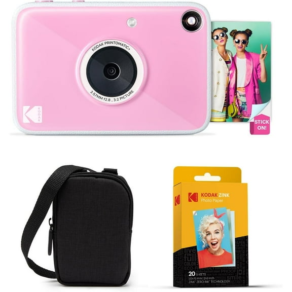 KODAK Printomatic+ Instant Camera Bundle (Pink) 10MP w/ Black Case & 20 Zink Paper