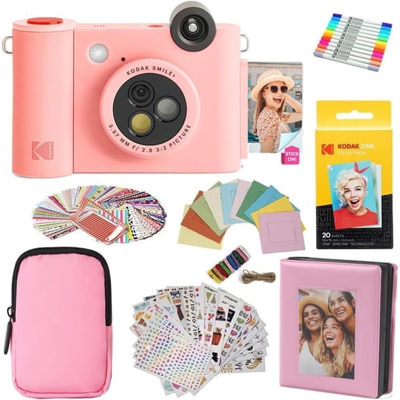 KODAK Smile+ 2-in-1 Instant Camera Printer Bundle with Case, Zink Paper, Album & Extras Gifts!(Pink)