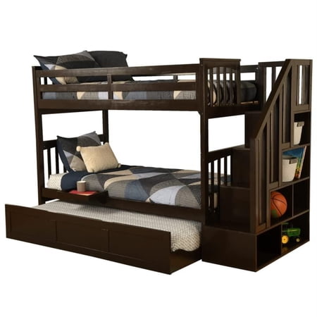 Kelcie Twin/Twin Wood Bunk Bed with Trundle and Tray in Dark Chocolate Brown