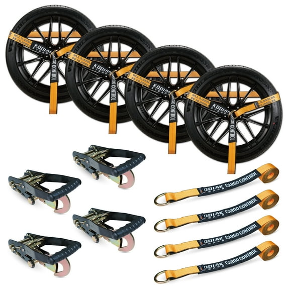 KODIAK STRAPS Adjustable Vehicle Tire Tie Down Straps Kit 4pk Heavy Duty Tire Straps with Snap Hooks lbs. Working Load 3333 lbs. Lasso 4 x Tow Strap Kit for Car, Truck, ATV Towing Accessories