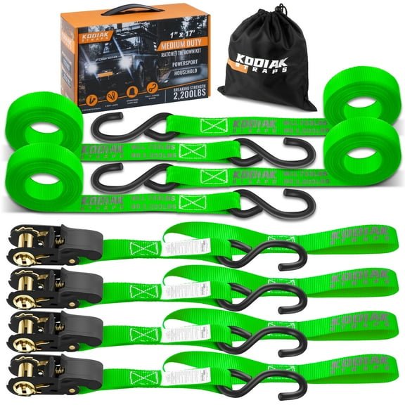 KODIAK STRAPS Ratchet Straps Heavy Duty Tie Down Strap Set 2200 Break Strength 1" x 17' 4pk with Soft Loops Cargo Truck Bed Tie Downs Coated Deep S-Hook & Carry Bag for Securing Cargo Green