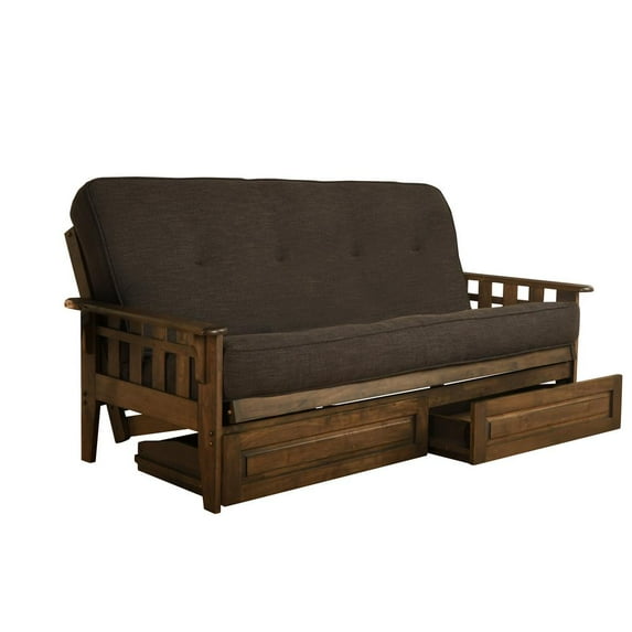KODIAK Tucson Frame-Rustic Walnut Finish-Linen Charcoal Mattress-Storage Drawers