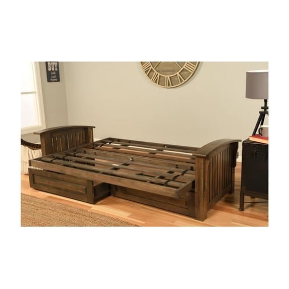 Kodiak KFWADRWLAQULF6MD4 Washington Rustic Walnut Futon Frame with Linen Aqua Mattress & Storage Drawers - Full Size