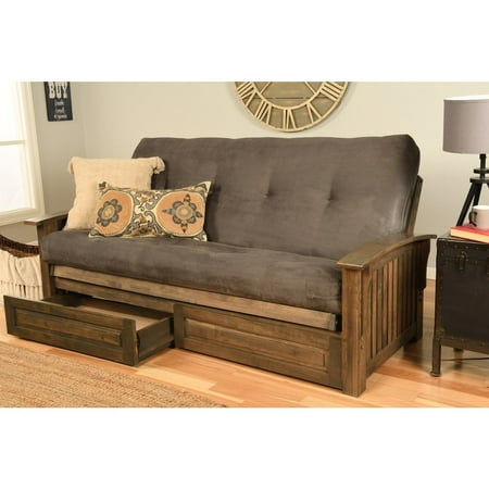 Washington Frame-Rustic Walnut Finish-Suede Gray Mattress-Storage Drawers Kodiak Furniture