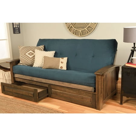 Washington Frame-Rustic Walnut Finish-Suede Navy Mattress-Storage Drawers Kodiak Furniture