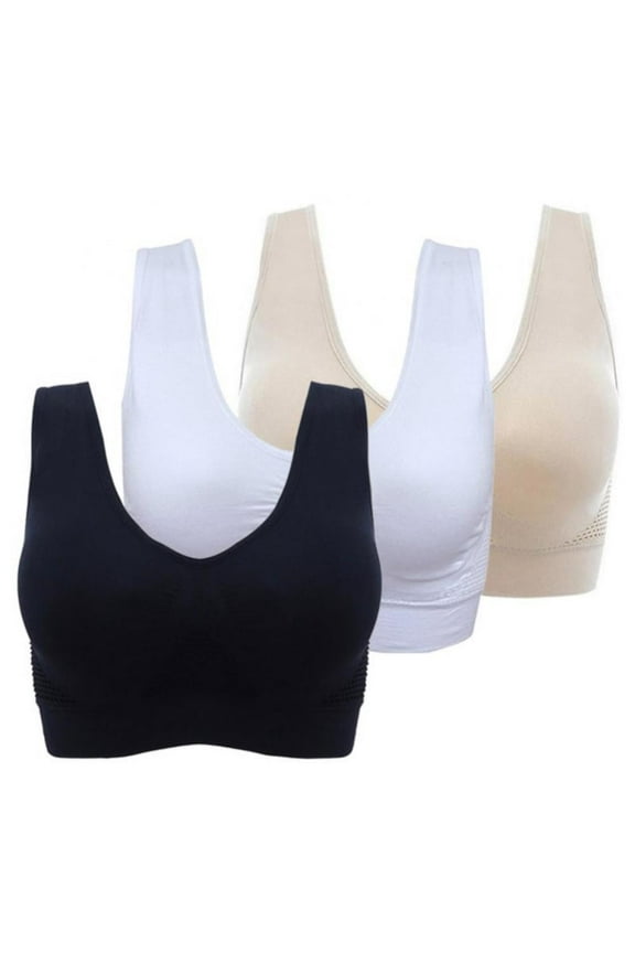 Women Plus Size Seamless Bra 3-pack Breathable Everyday Comfortable Mesh Yoga Sports Bra Wireless with Pads