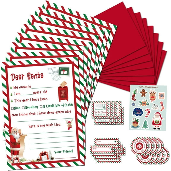 KOFECIT Letter to Santa Kit, 8 Pack Fill-in-the-Blank Christmas Wish List Cards with Red Envelopes, Seals, Address Labels & Stickers, 5 x 7 Inch