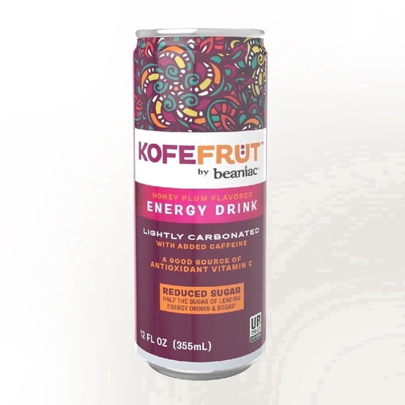 KOFEFRUT by beaniac Caffeinated Energy Drink, Honey Plum, Lightly Carbonated, Reduced Sugar, 80mg Caffeine, Polyphenols, Antioxidants, Vitamin C, 12 Fl Oz Can (Pack of 4)